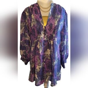 Joie 100% Silk Blouse Purple Floral Print Button Front Pintuck Pleats 3/4 Sleeve